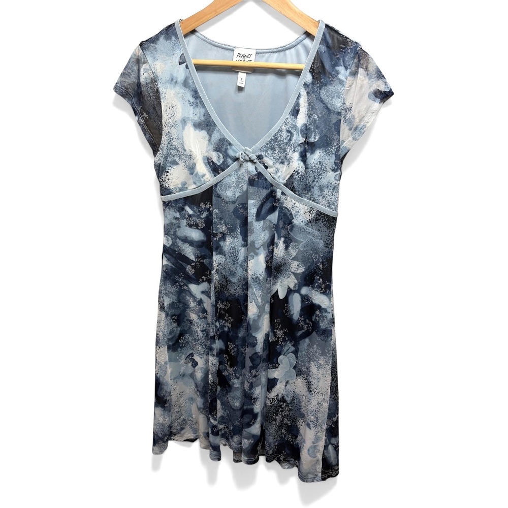 Planet Women's Blue Watercolor Floral Mesh Mini Dress V-Neck Sz L Y2K Fairycore